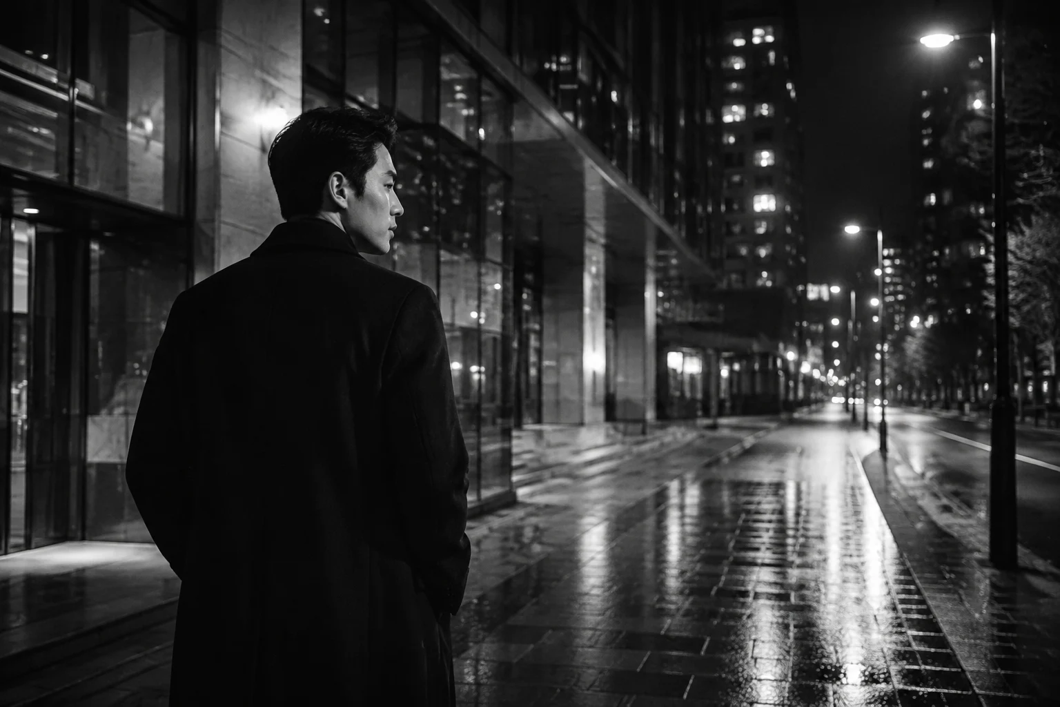 도시의 밤거리를 걷는 성인 남성을 담은 흑백 콘셉트 화보